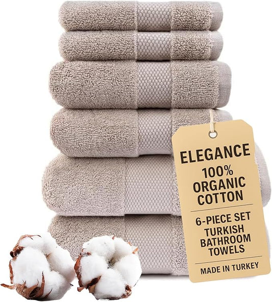 Maisonette Elegance 100% Organic Cotton Turkish Bathroom Towels Set, Ideal Quick Dry Luxury Washcloths, Hand & Large Bath Towels for Shower (6 Pack), Light Brown (Dune)