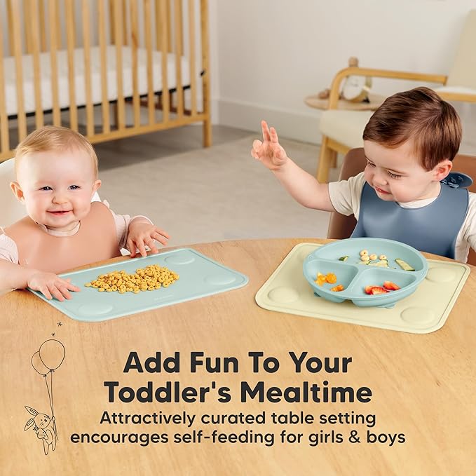 KeaBabies 2-Pack Silicone Placemats for Toddlers - 12x9 Non Slip Suction Baby Silicone Placemat for Kids Eating, Easy to Clean, Busy Travel Baby Mat for Dining Table, Food Grade/BPA-Free (Pastel Sky)