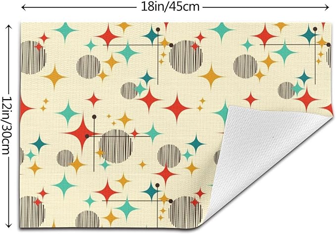 Mid Century Modern Atomic Retro Placemats Set of 4, Yellow Table Mats Heat Resistant Washable Placemat for Kitchen Dining Table Holiday Home Decor Linen Place Mats 12x18 Inch