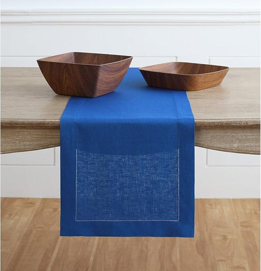 Solino Home Linen Royal Blue Table Runner 36 Inches - Classic Hemstitch, 100% Pure Linen Coffee Table Runner 14 x 36 Inch Ideal for Dresser Tables, New Year