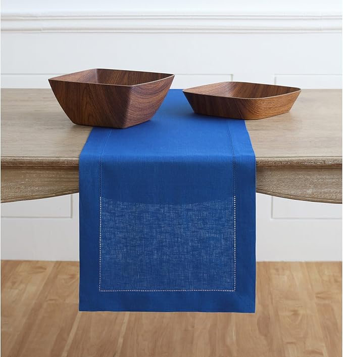 Solino Home Linen Royal Blue Table Runner 60 Inches - Classic Hemstitch, 100% Pure Linen Coffee Table Runner 14 x 60 Inch Ideal for Dresser Tables, New Year