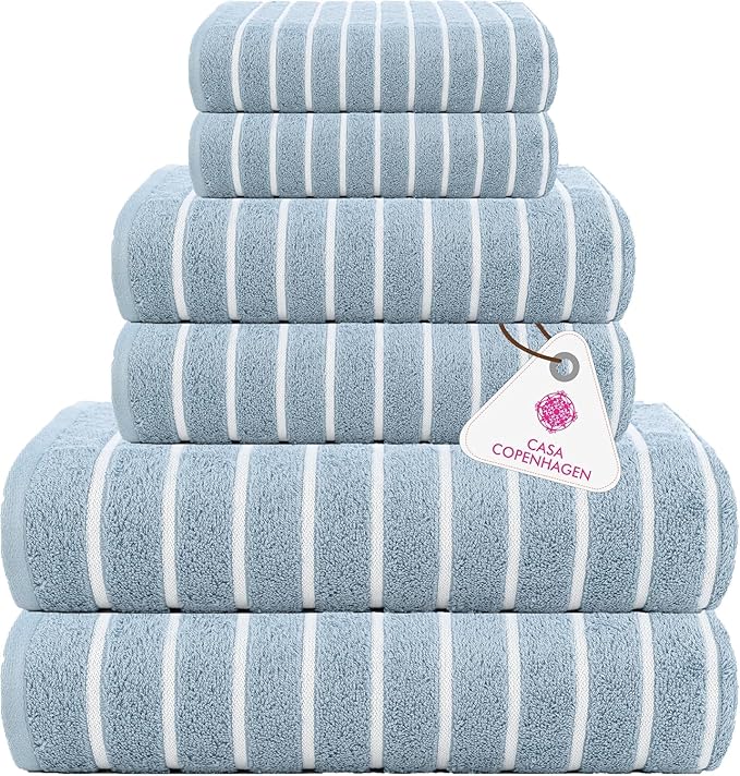 CASA COPENHAGEN Ecstatic 6 Pieces Towel Set- Dusty Blue, 600 GSM 2 Bath Towel 2 Hand Towel 2 Washcloth, Designed in Denmark Made of Soft Egyptian Cotton for Bathroom, Kitchen & Shower