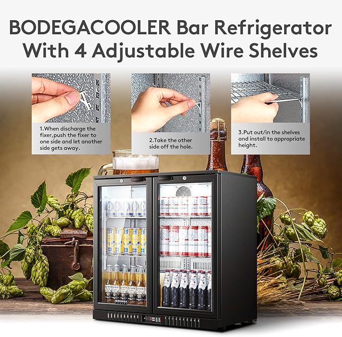 BODEGACOOLER Back Bar Cooler With 2 Glass Doors,Under Counter Back Bar Refrigerator 7.4 Cu.Ft with LED Lighting,Commercial Display Beverage Cooler for Beer,Soda Drinks,Wine