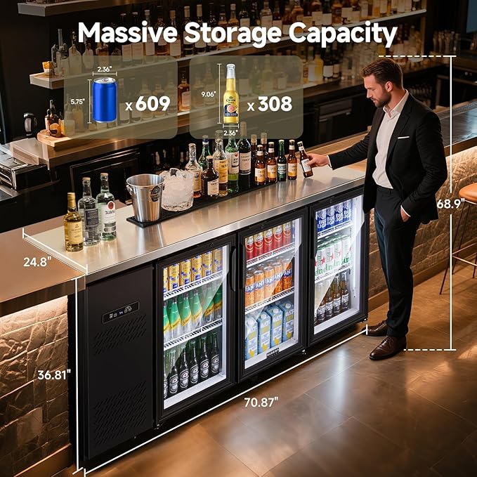 BODEGA BODEGACOOLER Commercial Bar Cooler with 3 Glass Doors, 20.5 Cu.Ft Back Bar Beverage Refrigerator for Beer Soda Wine,LED Lighting With Stainless Steel Top,Casters Kitchen Buffet Table Use