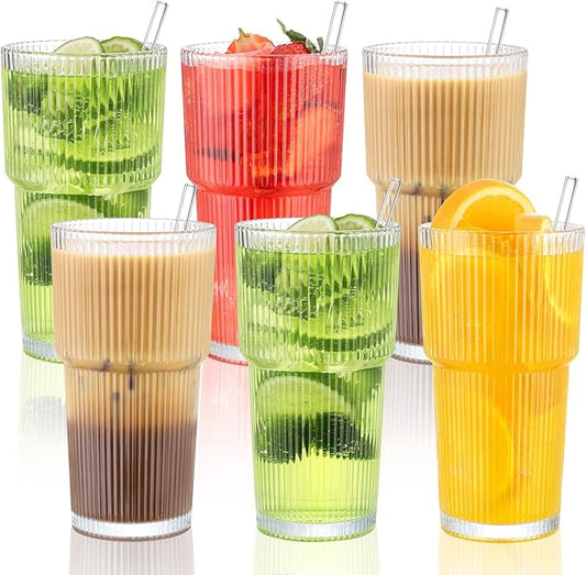 20 Oz Glass Cups and Straw 6 Set, Glass Tumbler with Straw, Vintage Glassware for Whiskey Cocktail Beer, Iced Coffee Cups (6 PACK)