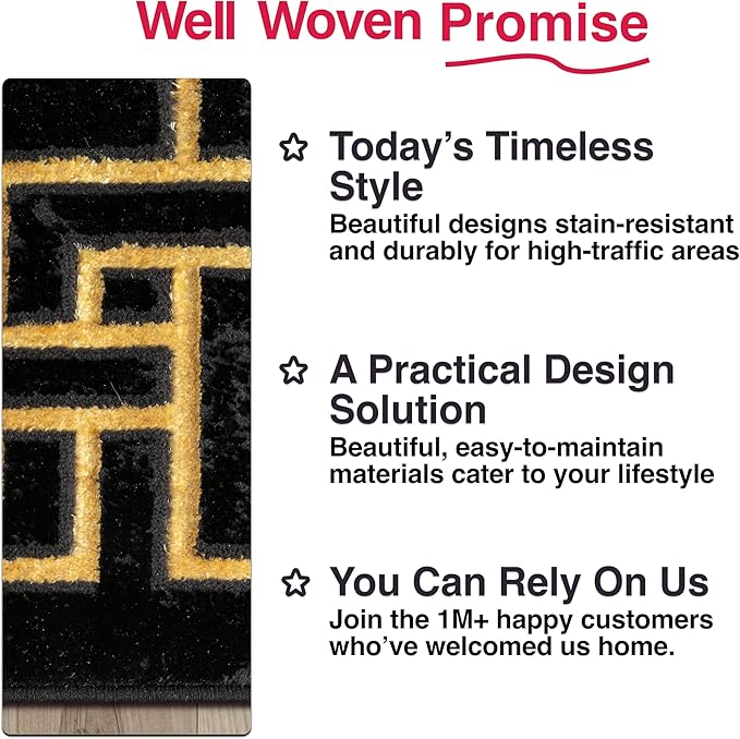 Well Woven Lezlee Abstract Modern 2'3" x 7'3" Runner - Black Gold Marble Border Elegant & Soft Rug - Perfect for Hallway, Entryway, Kitchen