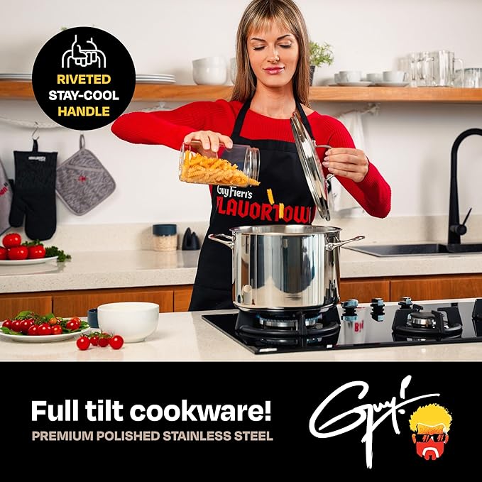 Guy Fieri's Flavortown 8-Quart Stainless Steel Stock Pot with Tempered Glass Lid - Kitchen Cookware with Tri-Ply Base, Oven & Dishwasher Safe, Compatible with Induction, Gas & Electric Stovetops