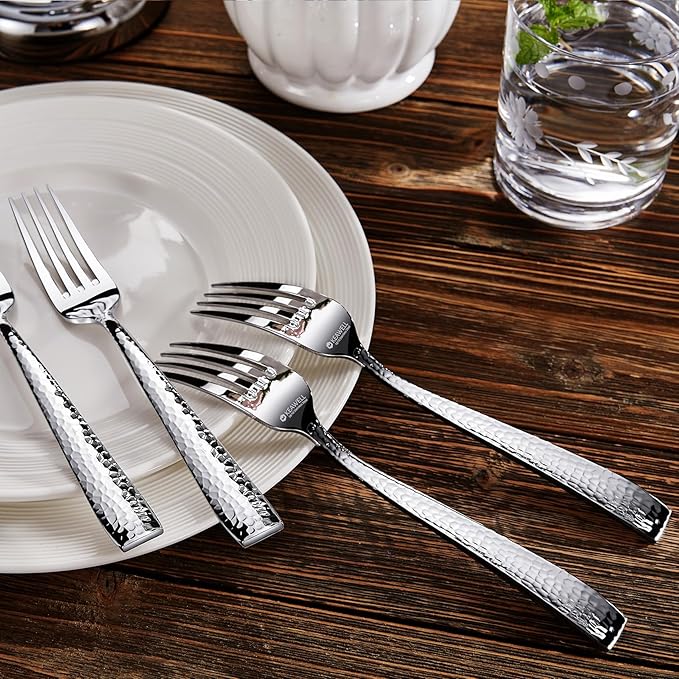 KEAWELL Premium 8-Piece Louis Hammered Fork Set, 18/10 Stainless Steel, Squared Edge with Smooth Rounded Edges for Enhanced Comfort, Dishwasher Safe (8, 8.3" Dinner Fork)
