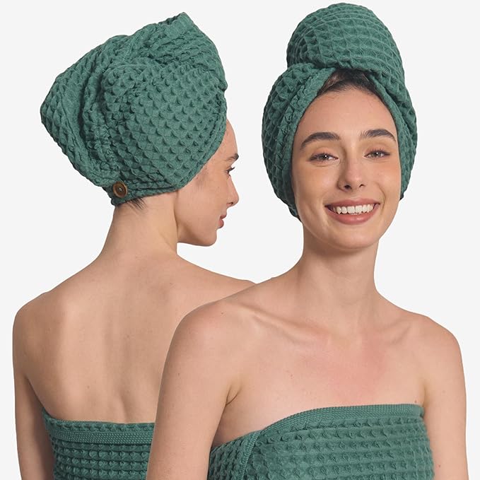 100% Organic Cotton Hair Drying Waffle Towel Wrap for Women | Absorbent & Quick Dry Head Turban for Wet Hair in Shower Sauna Spa, Extra Large for Long Straight Curly Plopping Button (Green, 1 PACK)