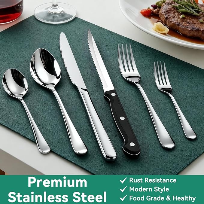 49-Piece Silverware Set with Organizer, Stainless Steel Flatware Utensils Set for 8, Forks and Spoons Silverware Set Cutlery Set with Steak Knives, Dishwasher Safe