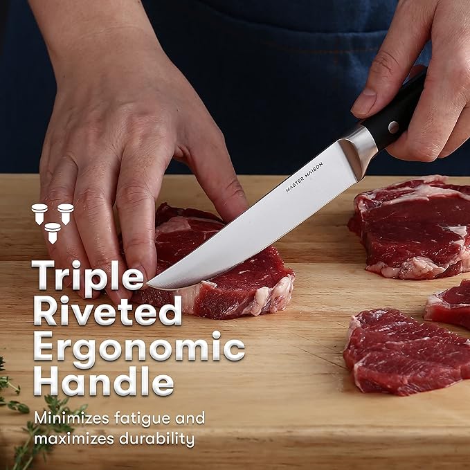 Master Maison 4-Piece 5" Ultra Premium Steak Knife Set | 4 German Non-Serrated Stainless Steel Kitchen Steak Knives + Wood Chef Gift Box | Anti-Fatigue Ergonomic Full-Tang Triple-Riveted Handle, Black