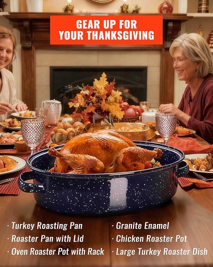 Roasting Pan with Lid and Rack 18" Deep Large Oval Enamel Roaster Pan, Oven Dishwasher Safe Non-Stick Non-Toxic Roast Pot for Turkey Steak Roasts & Bread, Wife's Christmas Gift
