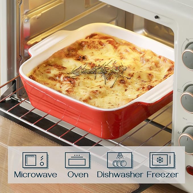 DOWAN 8x8 Baking dish, Square Baking Pan, Ceramic Casserole Dishes for Oven, Cake Pan with Handle, for Brownie, Lasagna, Casserole, 2 Quart, Home Gift, Wedding Gift, Red