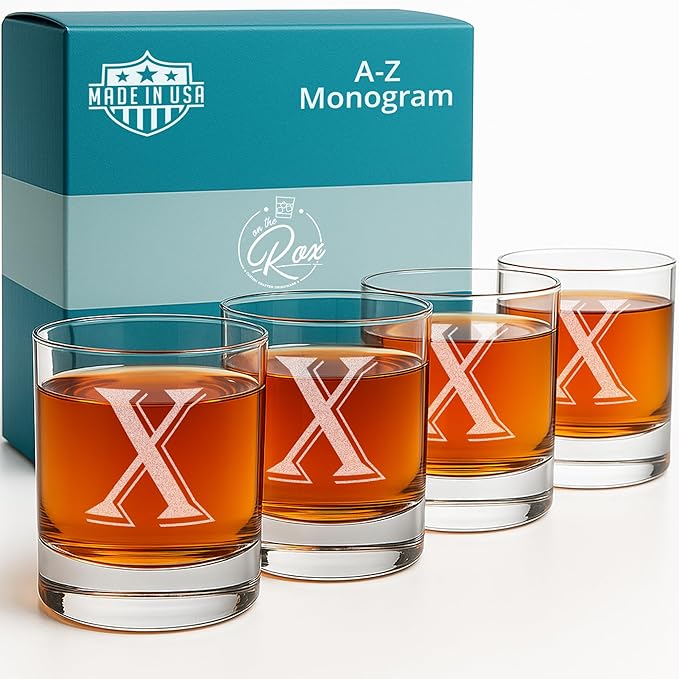 (X-Monogram)- 4 Piece Set of 11 Ounce Engraved Heavy Base Rocks Glasses- Quality Elegant Glass-Multi-Purpose Beverage-Rocks Glass- For any Occasion- By: On The Rox