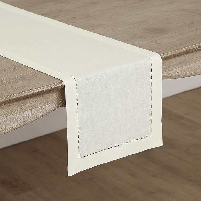 Solino Home Linen Ivory Table Runner 36 Inches - Classic Hemstitch, 100% Pure Linen Coffee Table Runner 14 x 36 Inch Ideal for Dresser Tables - Holiday, New Year