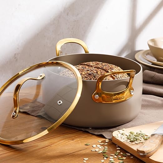Bloomhouse - Two Time Oprah's Favorite Things Winner - 6 Quart Heavy Duty Aluminum Premium PFA Free Ceramic Nonstick Dutch Oven Pot with Lid - Cappuccino Cream with Gold Handle
