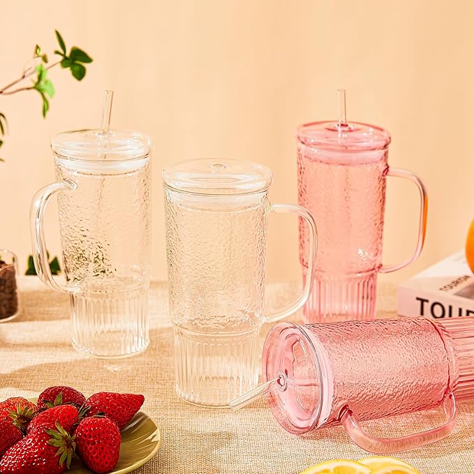 GOSCHE Glass Cups with Lids and Straws, 24oz Glass Tumbler with Straw and Lid, Iced Coffee Cups with Handle for Smoothie Juice Water Tea, Pink, 2 Pack
