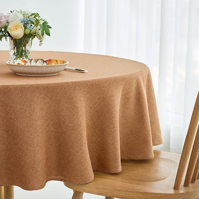 maxmill Fall Round Tablecloth Linen Texture Stain Resistant Waterproof Anti-Shrink Spillproof Washable Soft Table Cloth for Dining Room, Farmhouse Harvest Thanksgiving Holiday Party, 70 Inch, Amber