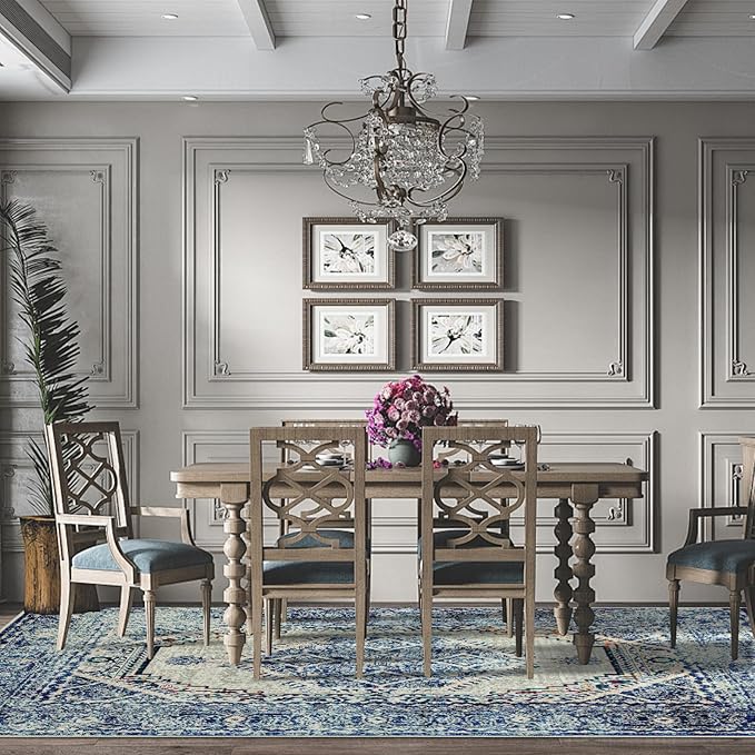 Easy-Going Area Rug 6x9 Washable Boho Rugs for Living Room Non-Slip Bedroom Rug Low Pile Lightweight Medallion Distressed Throw Rug for Dining Room Kitchen Home Office Carpet, Vintage Blue Cream