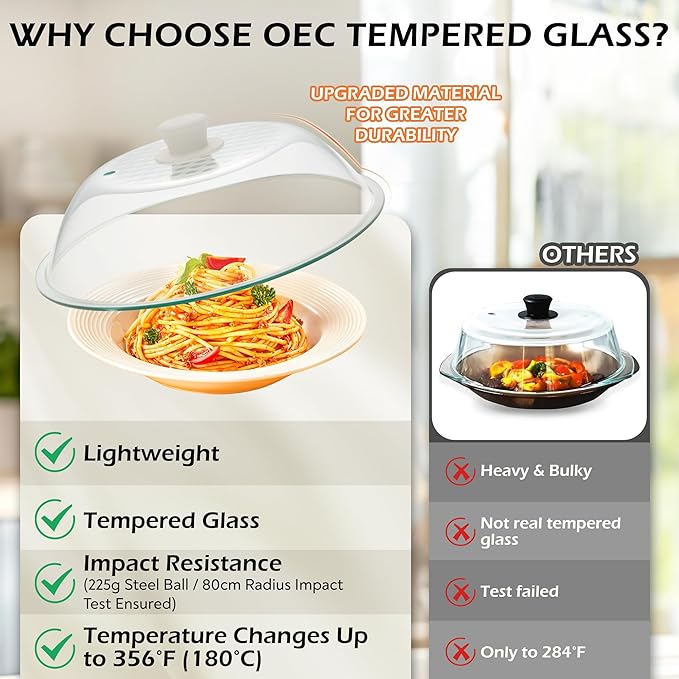 OEC Lighter Weight Tempered Glass Microwave Splatter Cover - 10 inch - Heat-Resistant & Impact-Resistant, Reinforced Glass Lid with Vent, Silicone Knob, Dishwasher Safe, 100% Food Grade - BPA Free
