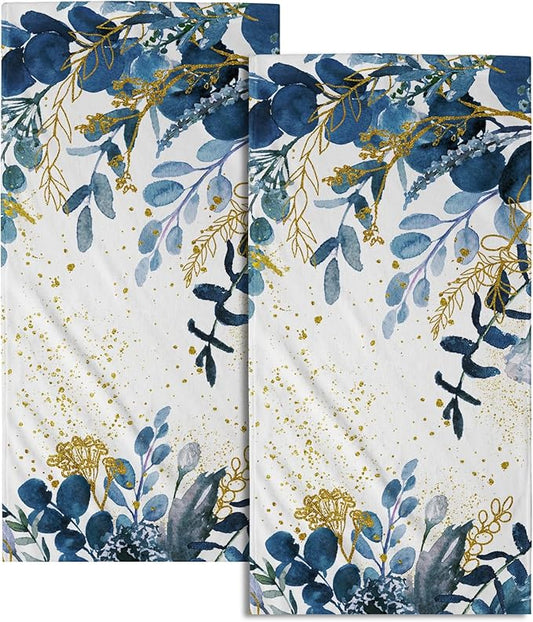 Imiss Navy Blue Eucalyptus Leaves Bathroom Towels 2Pcs, Watercolor Botanical Nature Plant Hand Fingertip Towel 14.4 x 28.3 Inch Multipurpose Kitchen Dish Cloth for Home Spa Yoga Sport Hotel
