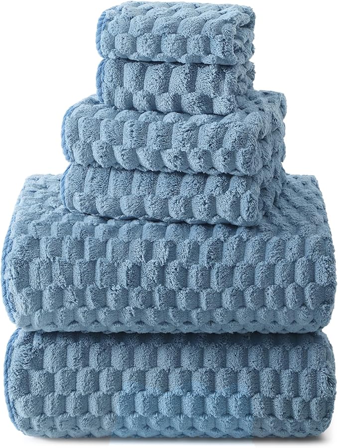 REDKISS Blue Microfiber Bath Towels Set of 6-35x70 Inches Oversized Bath Sheets, Extra Large Bath Towels Set of 6 for Adults, Super Soft Waffle Microfiber Shower Towels for Bathroom Hotel Towel