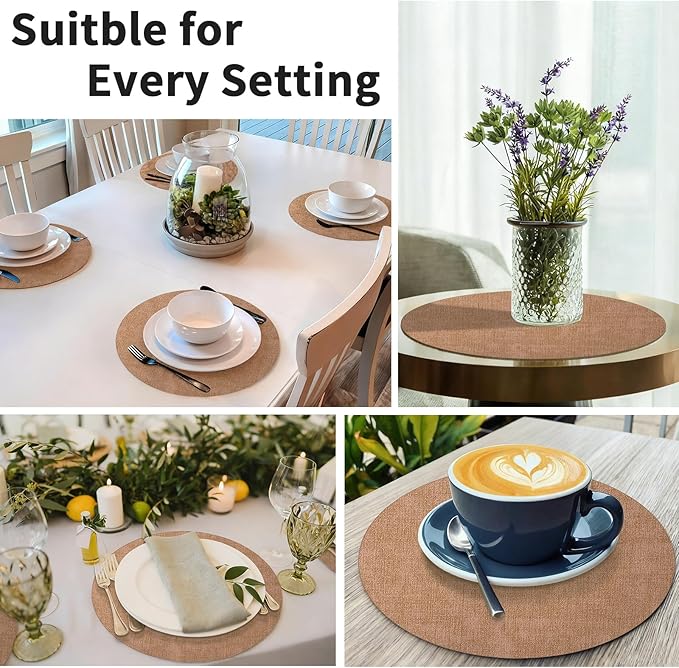 Maxpearl Round Placemats Set of 6, 13.8 inch Faux Leather Heat Resistant Table Mats, Non Slip Waterproof Wipeable Place Mats for Kitchen Dining Holiday Party Table Settings, Brown