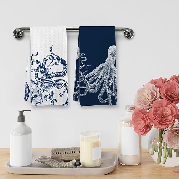 Coastal Octopus Beach Decor Dish Hand Tea Towels for Bathroom Kitchen, Octopus Ocean Nautical Beachy Bathroom Decor, Coastal Nautical Kitchen Towels and Dishcloths Sets of 2, 16x24 Inches