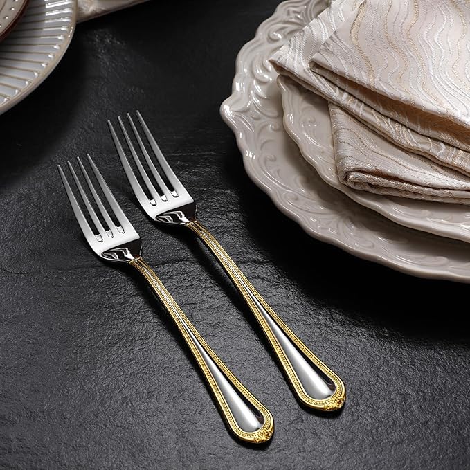 KEAWELL Pearl Edge 4-Piece Premium Fork Set, 18/10 Stainless Steel, Fine Silverware Forks with Mirror Finish and Exquisite Craftsmanship, Gold Accent, Dishwasher Safe (4, 7.3" Salad Forks)