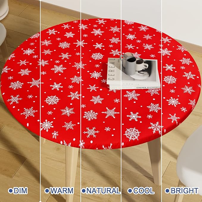 Round Spandex Christmas Tablecloth, Elastic Fitted Waterproof Tablecloths for 36"-44" Tables, Stretch Washable Picnic Table Cover for Christmas Dinner, Dot Snowflake
