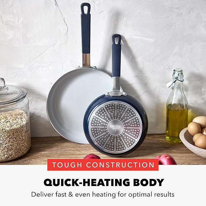 GreenPan x Bobby Flay 2 Piece- 8” and 10” Nonstick Frying Pan Skillet Set, PFAS-Free Diamond Ceramic, Induction Suitable, Stay-Cool Silicone Handle, Easy Clean Dishwasher & Oven Safe, Oxford Blue