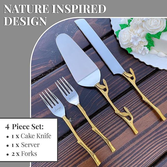 Wedding Cake Knife and Server Set with Gold Branch and Leaf Handles - 4-Piece Cake Cutting Set for Weddings with Engraved Forks - Rustic Gold Cake Cutter & Serving Gift Box