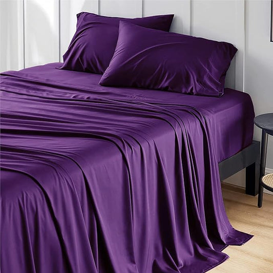 Bedsure Queen Sheet Set, Rayon Derived from Bamboo, Cooling Sheets, Breathable & Soft, Deep Pocket Up to 16 Inches, Hotel Luxury Silky Bedding for Hot Sleepers, Plum