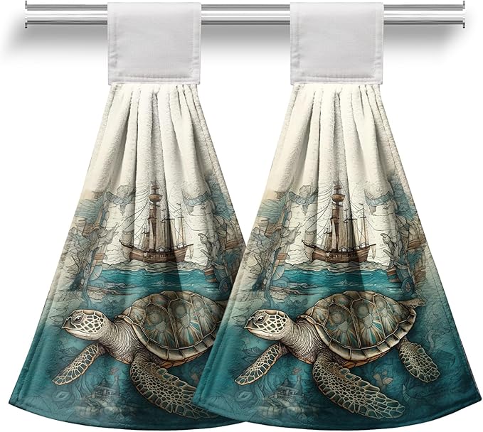 Sea Turtle Hanging Kitchen Towels Set of 2 Summer Ocean Turtle Hand Towel with Loop Coastal Tortoise Sailboats Hanging Dish Towels Absorbent Tie Towel for Bath Kitchen Home