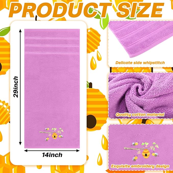 3 Pcs Bee Hand Towels for Bathroom 14 x 29 Inch Cotton Purple Pink Yellow Hand Towels for Bathroom Bee Bath Towel Bees Kitchen Towel Set Drying Cleaning Cooking Gift for Spring Summer