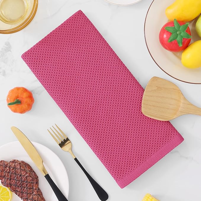 Homaxy 100% Cotton Waffle Weave Kitchen Dish Towels, Ultra Soft Absorbent Quick Drying Cleaning Towel, 13 x 28 Inches, 8-Pack, Hot Pink