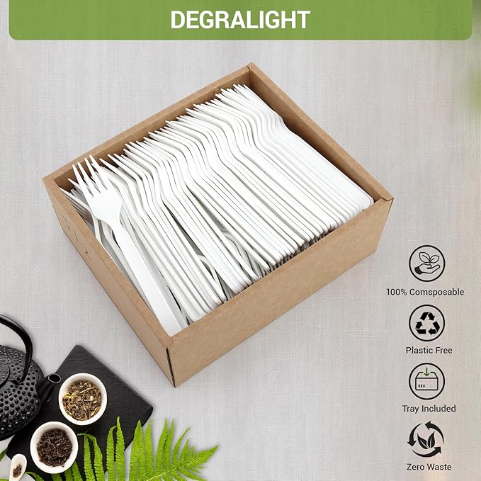 100% Compostable Froks [200Pcs] Heavy Duty Biodegradable Forks Disposable Utensils, BPA-Free, Heat Resistant, BPI Certified Disposable Forks, Eco Friendly Cutlery for Party, Office & Picnic