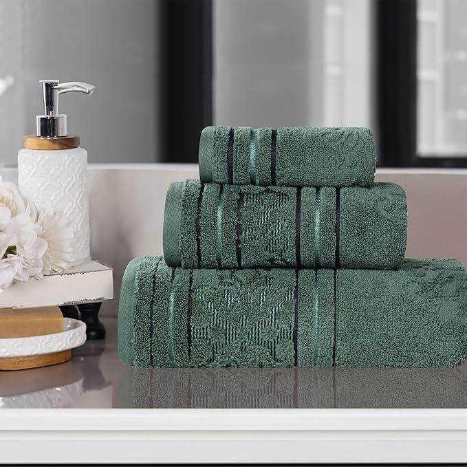 Superior Cotton 3 Piece Towel Set, 1 Bath, 1 Hand, 1 Washcloth/Face Towel, Quick Dry, Home Essentials, Shower, Spa, Luxury Plush Soft Absorbent Towels, Zero Twist, Jacquard Floral, Forest Green