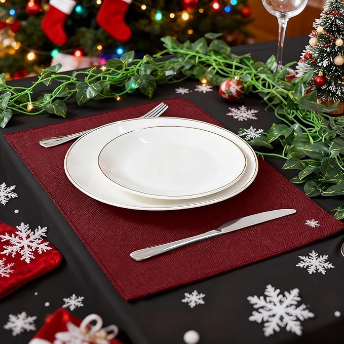 Cloth Burgundy Placemats Set of 8, Linen Type Fabric Placemats Machine Washable Heat Resistant Placemats Polyester Place Mats for Halloween, Thanksgiving and Christmas Dining Table (Burgundy)