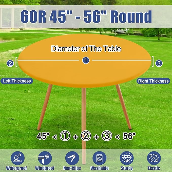 Round Spandex Tablecloth, Elastic Fitted Waterproof Tablecloths for 45"-56" Tables, Stretch Washable Picnic Table Cover for Camping, Dining, Indoor and Outdoor, Mustard Yellow