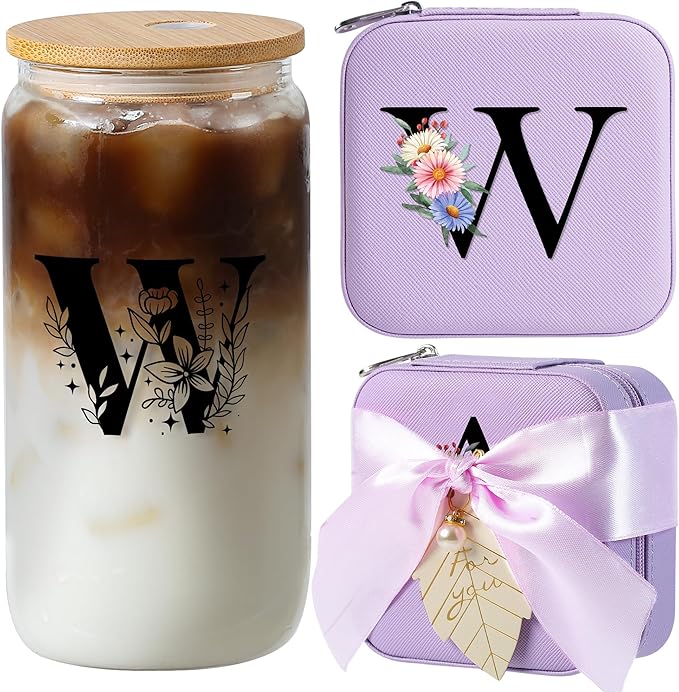 AYGXU Initial Glass Cup - Personalized Birthday & Graduation Gifts for Her, 16oz Tumbler with Small Jewelry Organizer Box, Purple