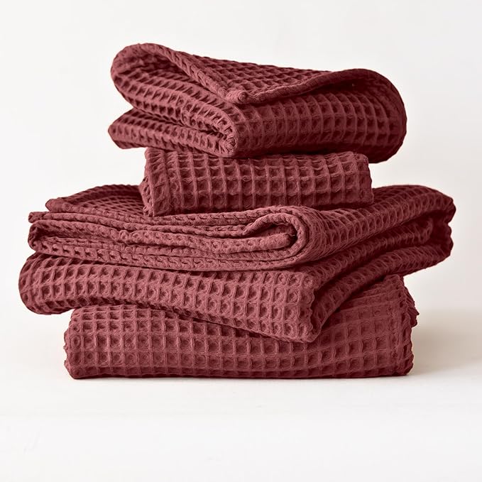 4-Piece Waffle Towels Set for Bathroom - Soft 100% Turkish Cotton Quick-Dry Lint-Free Waffle Weave Thin Bath and Hand Towels (Dark Red, 2 Bath & 2 Hand Towel Set)