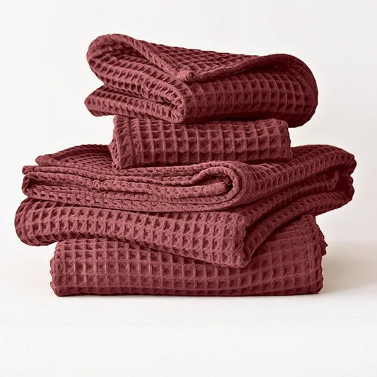 4-Piece Waffle Towels Set for Bathroom - Soft 100% Turkish Cotton Quick-Dry Lint-Free Waffle Weave Thin Bath and Hand Towels (Dark Red, 2 Bath & 2 Hand Towel Set)