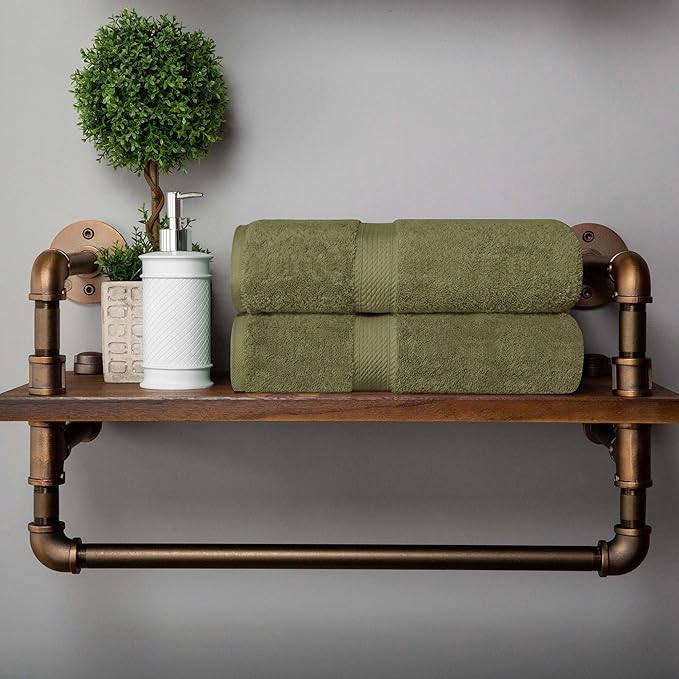 Superior Egyptian Cotton Pile Bath Towel Set of 2, Ultra Soft Luxury Towels, Thick Plush Essentials, Absorbent Heavyweight, Guest Bath, Hotel, Spa, Home Bathroom, Shower Basics, Forest Green