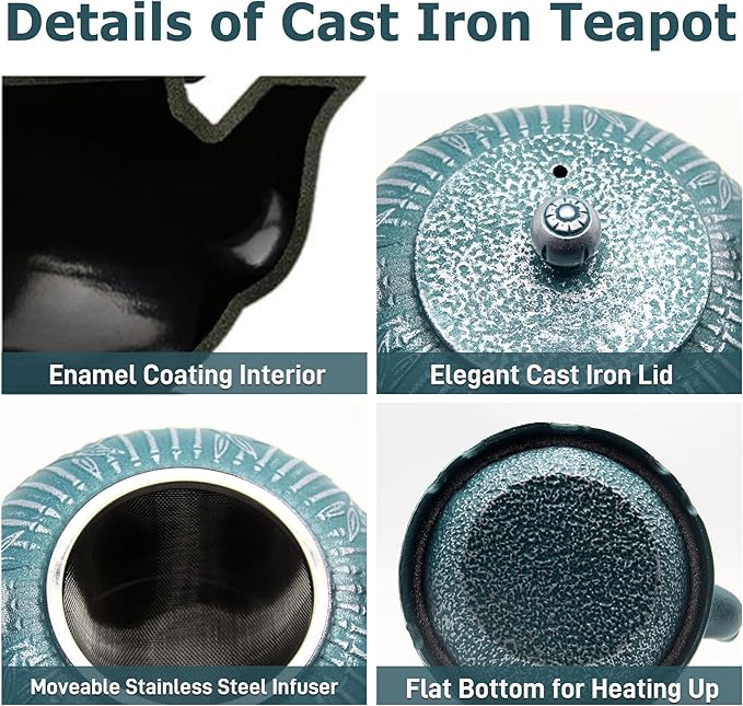 Tea Kettle, Japanese Cast Iron Teapot with Stainless Steel Infuser, Cast Iron Tea Kettle, Durable Teapot Coated with Enameled Interior (40.6oz Blue-green Bamboo Leaf Pattern)