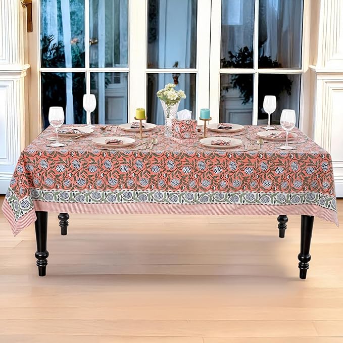 Ridhi Dark Salmon Pink Hand Block Print Cotton Rectangle Tablecloth 190" x 72" inches Reusable Table Cover Decorative Everyday Use for Dining, Farmhouse, Home, Party, Festive, Wedding, Fall