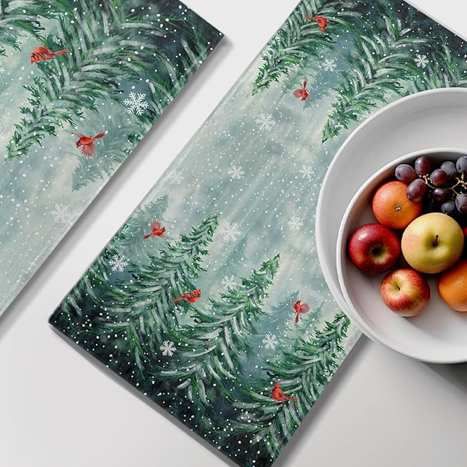 Winter Forest Hand Towels for Bathroom Pine Tree Cardinal Kitchen Towel Snowflakes Home Decor Dish Towels Farmhouse Soft Absorbent for Holiday Xmas Kitchen