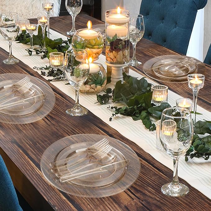 Goodluck 150PCS Gold Glitter Plastic Silverware, Glitter Utensil Disposable, Plastic Cutlery Set of 50 Forks, 50 Spoons, 50 Knives for Wedding, Party, Christmas