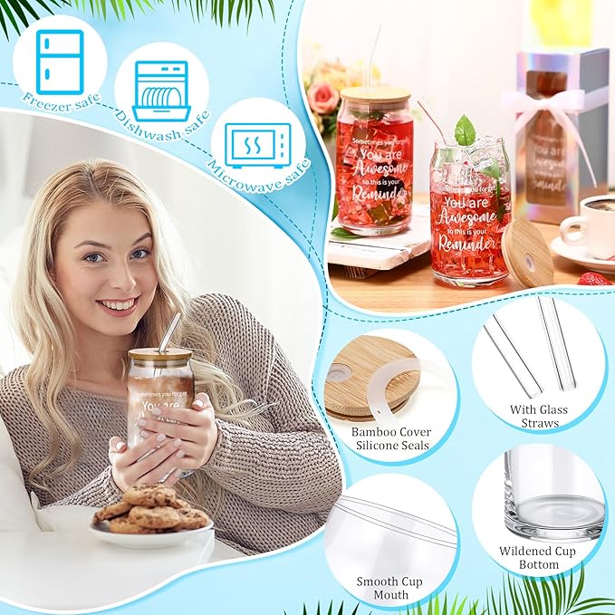 Layhit 12 Set Employee Appreciation Gifts Bulk You Are Awesome Glass Cups for Staff Coworker 16 oz Can Shaped Beer Glass with Lids Straws Brushes Boxes Ribbon for Nurse Teachers Day Housekeeping Week