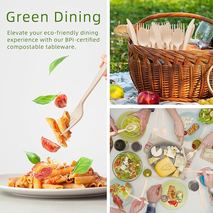 Compostable Utensils, Light Brown Plastic Silverware, Compostable Cutlery 100 Forks 100 Spoons 100 Knives, No Plastic Disposable Silverware, Eco Friendly Disposable Cutlery for Party Office Wedding